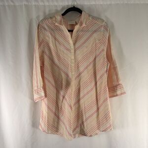 Chico's 100% Linen Blouse Women's 2 Large Pink Yellow 3/4 Sleeve Non Iron Button